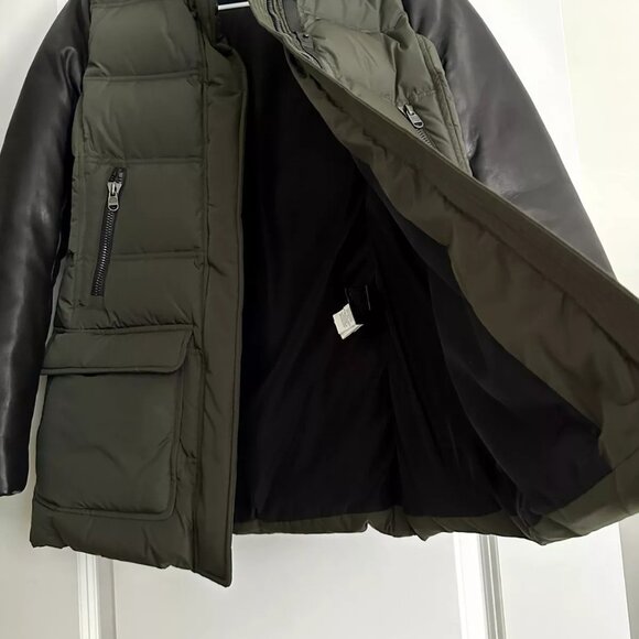 MACKAGE Women's Down Leather Sleeve Puffer Coat in Green/Black Size S - Picture 4 of 13